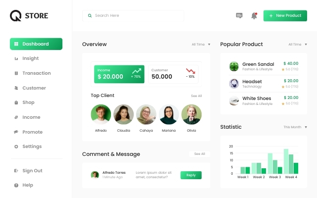 Dashboard operacional com cards e status de fluxo
